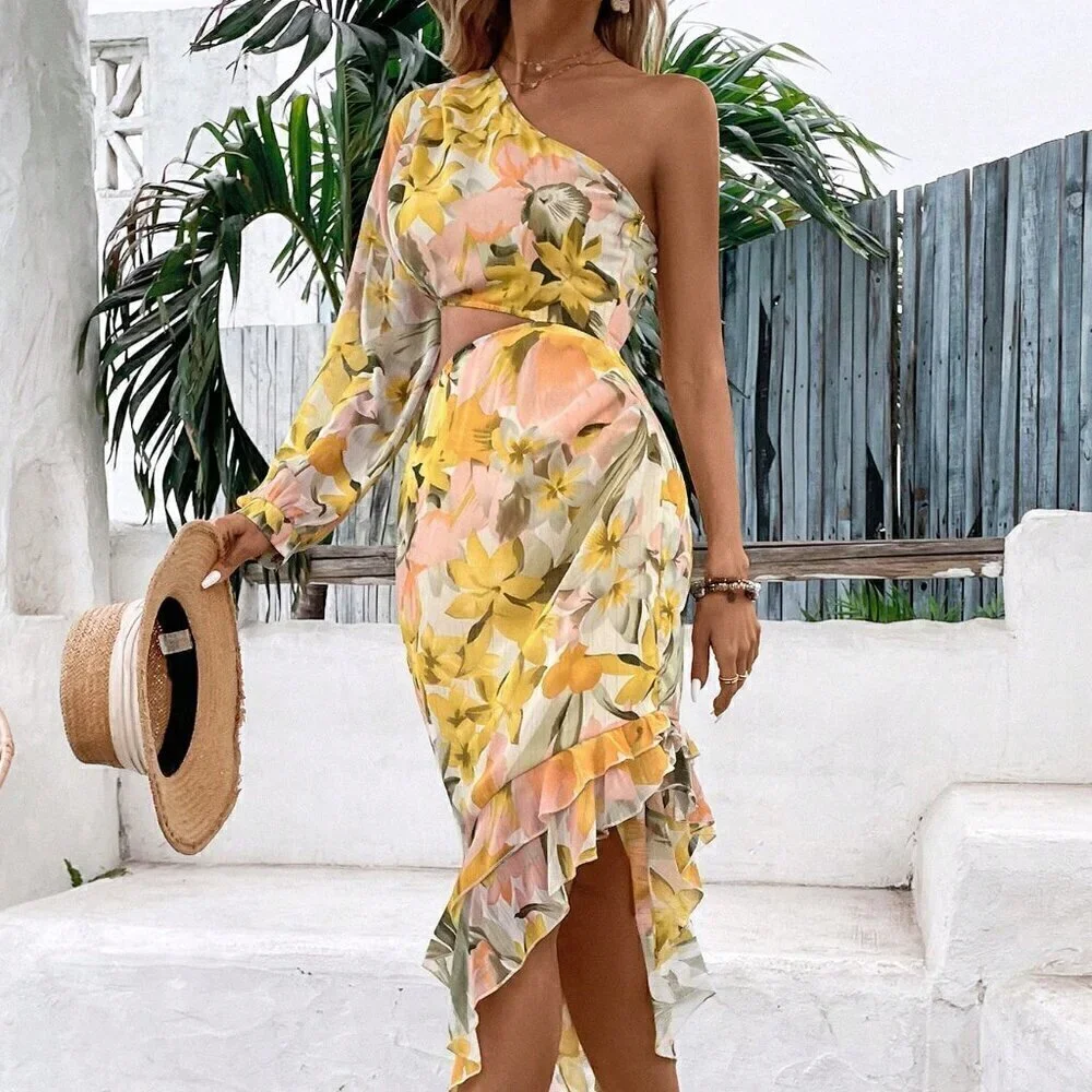Multicolor Preppy Women's Beach Outfits One-Shoulder Romantic Print Floral Dress - Picture 1 of 6